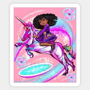 Curly hair Princess on a unicorn pony - black girl with curly afro hair on a horse. Black princess Sticker